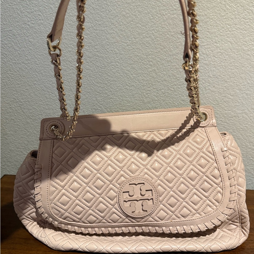 Tory Burch Beige Quilted Leather Marion Shoulder Bag